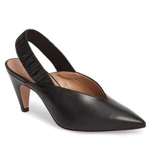 LEWIT Marta Pointed Toe Slingback Black Italian Leather Ruched Pump Conical Heel